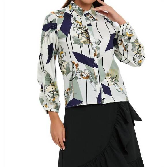 NEW MISS FINCH NYC button down collared print shirt in cream - Picture 3 of 3